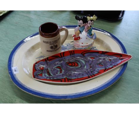 A large blue and white Copeland Mandalay pattern meat plate, a vintage Poole pottery dish, 1990's Disney Schmid Mickey and Mi