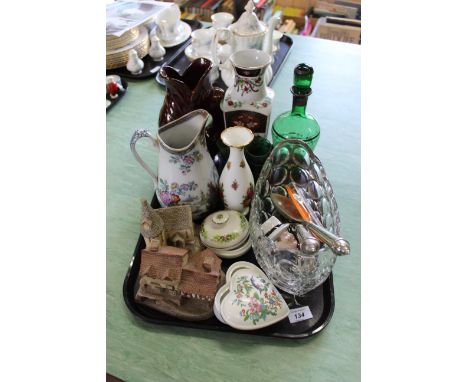 A tray of mixed items to include green glass decanter and six glasses, a Royal Albert vase, two David Winter cottages, a vase