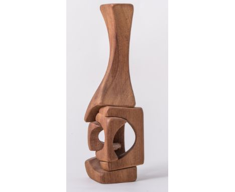Brian Willsher, an interlocking abstract sculpture, 1987, teak, signed and dated in pen, 28cm highArtist's Resale Rights may 