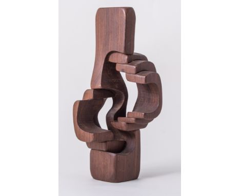 Brian Willsher, an interlocking abstract sculpture, 1980, teak, signed and dated in pen, 27.8cm highArtist's Resale Rights ma