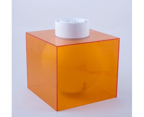 An Atlas Cube ceiling light, circa 1965, satin opal sphere with amber outer cube