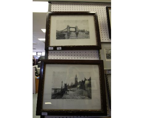 Pair of vintage prints of Tower Bridge and Houses of Parliament in pen and ink with mahogany and gilt frames