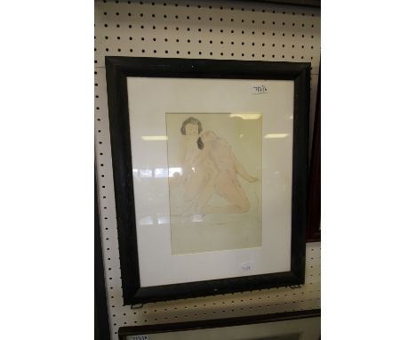 Pencil and watercolour sketch, two nude figures after Rodan