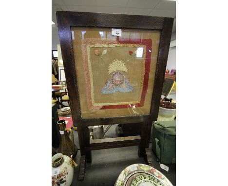 Oak and embroidered folding firescreen Lancashire Fusilier's- Egypt. Embroidered on khaki handkerchief whilst in Nottingham G