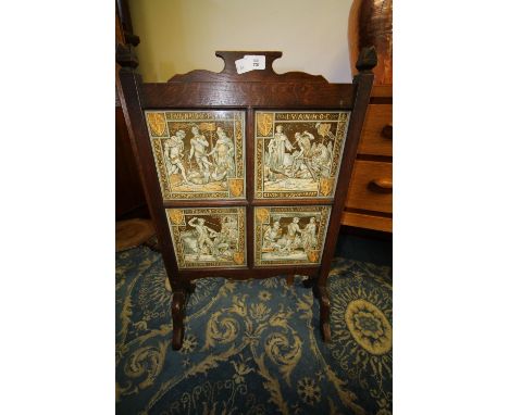 Arts &amp; Crafts fire screen with Victorian tiles with Walter Scott book theme