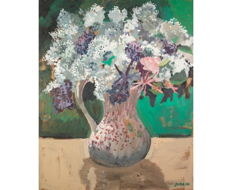 THOMAS DURKIN (1928-1990) OIL ON BOARD, heightened with pink pastel Still Life-jug of flowers Signed 36? x 30? (91.4cm x 76.2