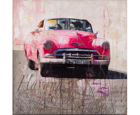 MARKUS HAUB (b.1972) MIXED MEDIA ON CANVAS ?Havana Taxi? Signed, titled to label verso 24? x 24? (61cm x 61cm) C.R-image and 