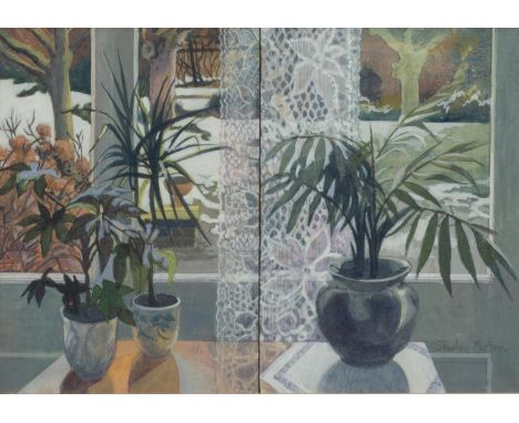SHIRLEY EASTON (LATE TWENTIETH CENTURY) ACRYLIC ?Window Duet? Signed, titled to ?Royal Academy Summer Exhibition 1986? label 