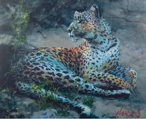 ROLF HARRIS (b.1930) ARTIST SIGNED LIMITED EDITION COLOUR PRINT ON CANVAS ?Leopard Reclining at Dusk?, (76/195), with certifi