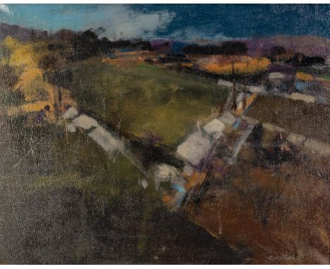 GEOFF CHILTON (MODERN) OIL ON CANVAS ?Allotments in Winter? Signed, titled to label verso 15 ½? x 19 ½? (39.4cm x 49.5cm) C/R