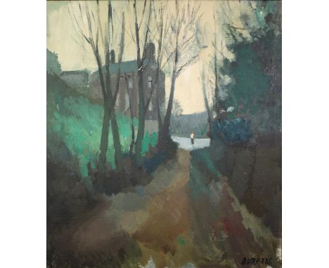 THOMAS DURKIN (1928-1990)OIL ON BOARD Tree lined lane with figure and houses Signed 30? x 27? (76.2cm x 68.6cm) C/R-good 