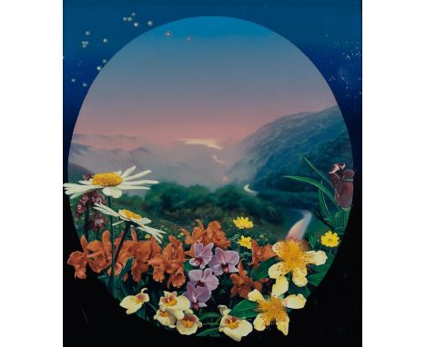 MALCOLM DICKSON (b.1941) OIL ON BOARD Landscape with flowers in the foreground Initialled, signed and dated April 1989 verso 