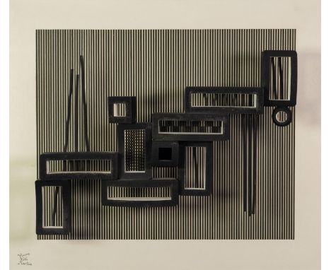 PIERRE NOEL MARTIN (1951-2006) MIXED MEDIA MOUNTED ON BOARD ?Vibra?, Abstract black and white painted wood sculpture Signed, 