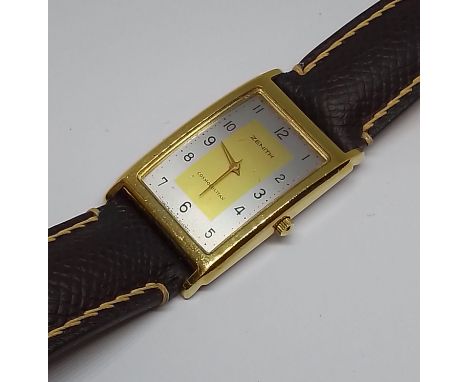 A Zenith Cosmopolitan Art Deco style gold plated wristwatch, case width 22mm, two tone dial, quartz movement, later leather s
