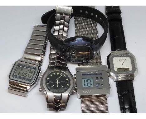 A group of five digital watches comprising Nooka, Ricoh, Pulsar, Casio and another unsigned. 