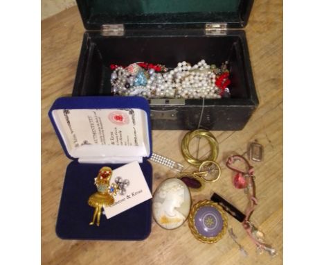 A leather bound jewellery box and contents including antique and vintage costume jewellery. 