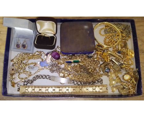 A box of assorted vintage costume jewellery including hallmarked silver, gold plated items etc. 