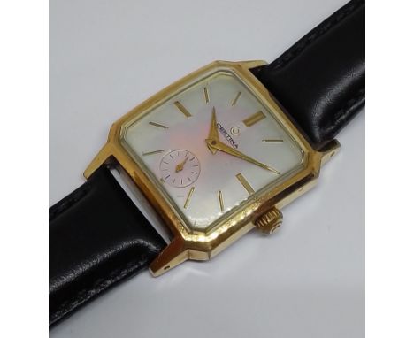 A Certina Art Deco style gold plated wristwatch, case width 28mm, manual wind movement, later leather strap.&nbsp;Condition -
