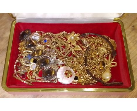 A box of vintage costume jewellery including gold plated etc. 