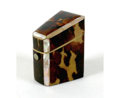 A Georgian tortoiseshell ring box, inlaid with mother of pearl, a/f internal 'finger' loose but present, 9cm high. 
