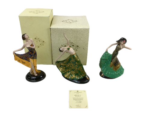 Three limited edition Coalport figurines of Art Deco ladies, comprising 'The Dancer' numbered 459/2000 with certificate, 'The