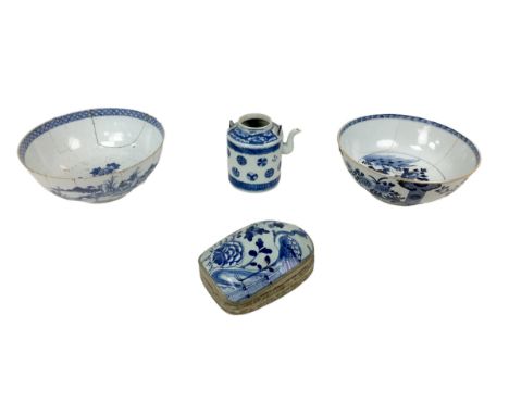 Four pieces of Chinese blue and white porcelain, 19th century and later, a lidded oblong form pot with white metal mounted ri