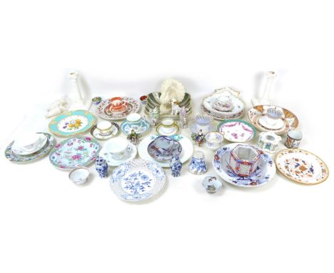 A collection of ceramics, including a delftware meat tenderiser, a Chinese cup, possibly 18th century, and two Royal Worceste