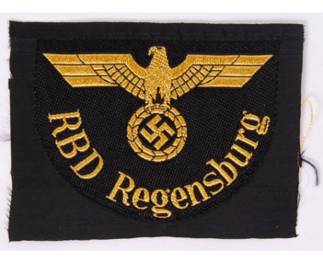 An original WWII Second World War Nazi German Third Reich railway RBD Regensburg cloth patch, with eagle swastika emblem to f
