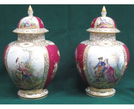 PAIR OF HANDPAINTED AND GILDED DRESDEN CERAMIC STORAGE JARS WITH COVERS 