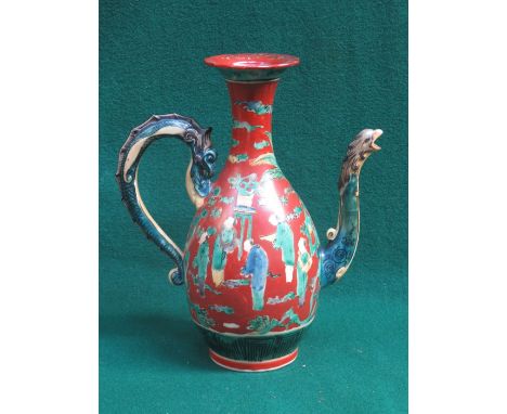 ORIENTAL HANDPAINTED CERAMIC COFFEE POT, LID DEFICIENT, APPROXIMATELY 23cm HIGH 
