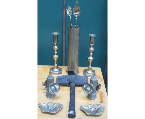 SUNDRY LOT INCLUDING TRENCH ART, CANDLESTICKS, OLD FIRE AXE, VINTAGE BIKE, LAMPS AND ART NOUVEAU RECEIVERS 