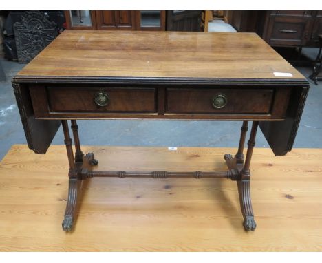 SMALL REPRODUCTION MAHOGANY TWO DRAWER DROP LEAF SOFA TABLE 