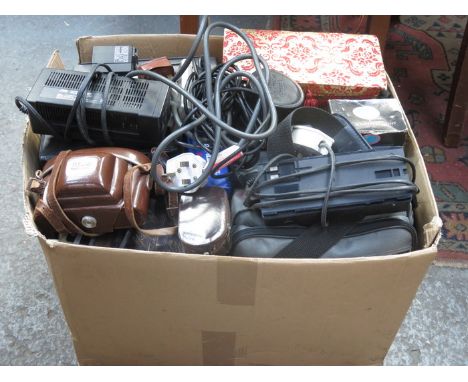 BOX LOT CONTAINING VARIOUS CAMERAS AND ACCESSORIES AND VIDEO CAMERA, ETC.