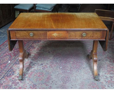 ANTIQUE MAHOGANY INLAID DROP LEAF SOFA TABLE 