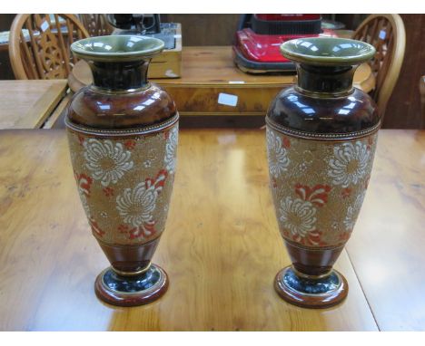PAIR OF DOULTON LAMBETH FLORAL DECORATED CERAMIC VASES, APPROXIMATELY 29cm HIGH 