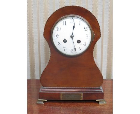 MAHOGANY INLAID MANTEL CLOCK WITH ENAMELLED CIRCULAR DIAL 