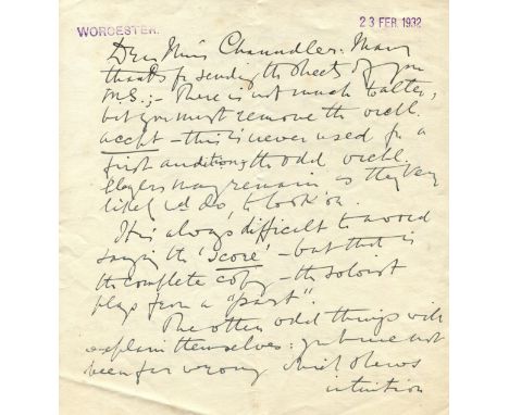 ELGAR EDWARD: (1857-1934) English composer. A.L.S., Edward Elgar, two pages, 4to, Worcester, 23rd February 1932, to Miss. Cha