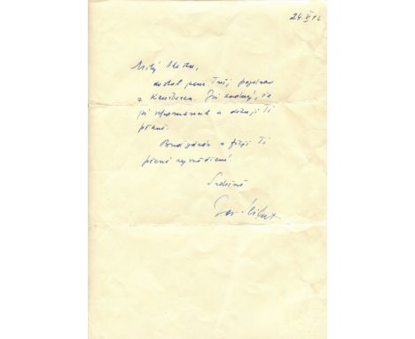 SEIFERT JAROSLAV: (1901-1986) Czech writer, poet and journalist, Nobel Prize winner for Literature, 1984. A.L.S., Jar. Seifer
