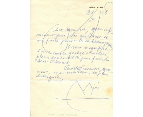 MIRO JOAN: (1893-1983) Spanish painter, sculptor and ceramicist. A.L.S., Miro, one page, 4to, Calamayor, Mallorca, 21st Octob