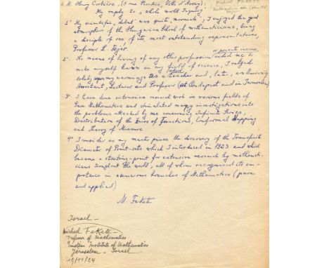 FEKETE MICHAEL: (1886-1957) Hungarian-Israeli mathematician. Manuscript D.S., M. Fekete, one page, 4to, n.p. (Jerusalem, Isra