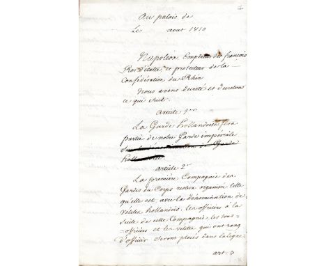 NAPOLEON I: (1769-1821) Emperor of the French 1804-14, 1815. Manuscript Document, unsigned, with four passages struck through