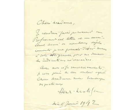 MATISSE HENRI: (1869-1954) French artist. A.L.S., Henri Matisse, one page, 4to, Nice, 15th January 1942, to a lady, in French