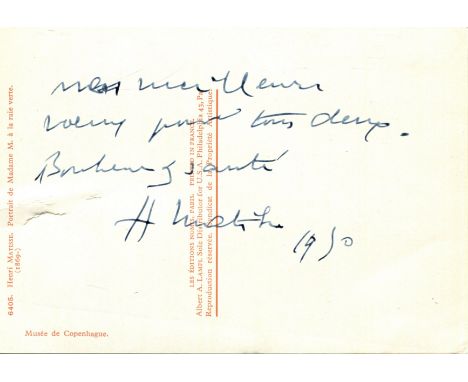 MATISSE HENRI: (1869-1954) French artist. Signed colour 4 x 6 postcard, the image being a reproduction of the artist's painti