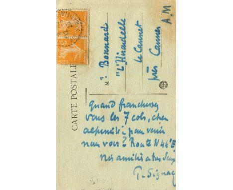 SIGNAC PAUL: (1863-1935) French Neo-Impressionist painter. A.L.S., P. Signac, to the verso of a picture postcard featuring a 