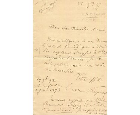 [DREYFUS AFFAIR]: FREYCINET CHARLES DE (1828-1923) French statesman who served as Prime Minister of France 1879-80, 1882, 188
