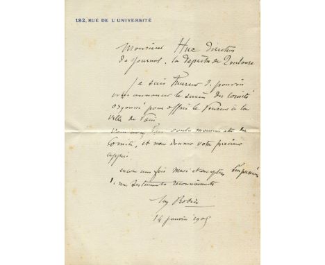 RODIN AUGUSTE: (1840-1917) French Sculptor. An excellent content A.L.S., Aug Rodin, one page, 8vo, Paris, 14th January 1909, 
