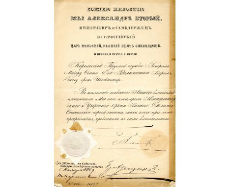 ALEXANDER II: (1818-1881) Emperor of Russia 1855-81. Assassinated. D.S., Alexander, in Cyrillic, one page, folio, n.p., 1869,