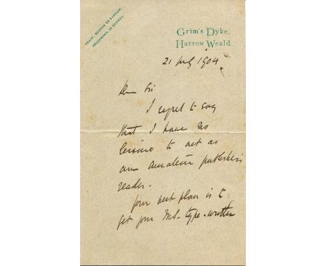 GILBERT W. S.: (1836-1911) English librettist, collaborated with the composer Arthur Sullivan. A.L.S., W S Gilbert, two pages