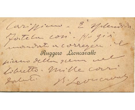 LEONCAVALLO RUGGERO: (1857-1919) Italian composer. A.L.S., R Leoncavallo, to the recto of the composer's personal printed obl