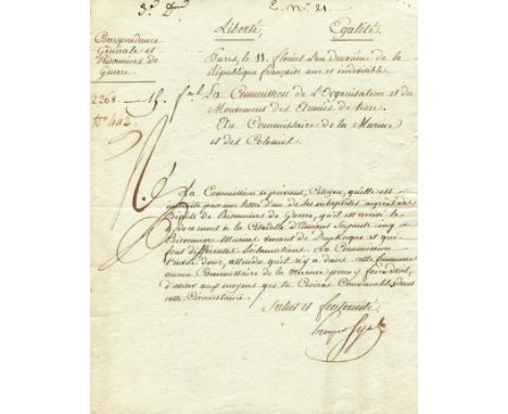SIJAS PROSPER: (1759-1794) French chief of the offices of the Ministry of War, adjutant to Jean Baptiste Noel Bouchotte, the 